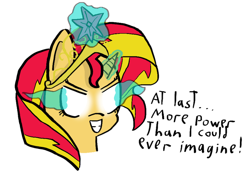 Size: 945x645 | Tagged: safe, artist:artiks, derpibooru import, sunset shimmer, pony, big crown thingy, element of magic, female, jewelry, mare, regalia, simple background, solo, sombra eyes, white background