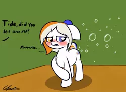Size: 567x417 | Tagged: safe, artist:seafooddinner, derpibooru import, oc, oc:tide pod, ponified, unofficial characters only, earth pony, food pony, original species, pony, blushing, bubble, chest fluff, cute, dialogue, embarrassed, english, fart, fart joke, farting bubbles, female, floppy ears, heterochromia, mare, meme, offscreen character, signature, solo, standing, tide, tide pods, tide pony