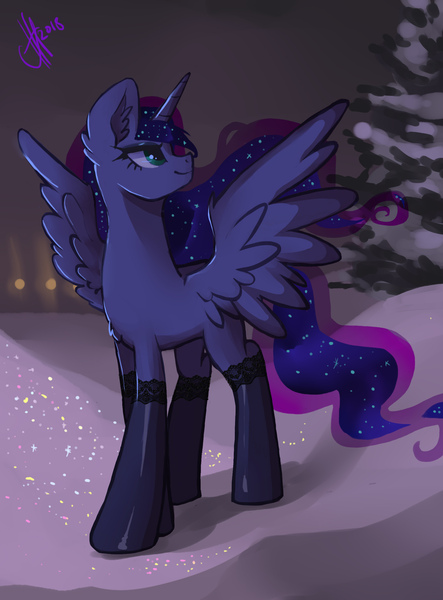 Size: 1700x2300 | Tagged: safe, artist:xjenn9, derpibooru import, princess luna, alicorn, pony, boots, female, looking back, mare, pine tree, shoes, smiling, snow, snow boots, solo, tree