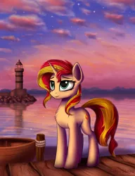 Size: 2000x2600 | Tagged: safe, artist:adagiostring, derpibooru import, sunset shimmer, pony, unicorn, boat, chest fluff, cloud, cloudy, female, lighthouse, mare, pier, scenery, smiling, solo, sunset, water