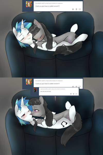 Size: 1280x1920 | Tagged: safe, artist:rflzqt, derpibooru import, octavia melody, vinyl scratch, earth pony, pony, unicorn, ask, blushing, couch, cuddling, cute, daaaaaaaaaaaw, eyes closed, female, kissing, lesbian, mare, necktie, one eye closed, scratchtavia, shipping, smiling, tavibetes, tumblr, vinyl and octavia in romance, vinylbetes