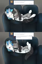 Size: 1280x1920 | Tagged: safe, artist:rflzqt, derpibooru import, octavia melody, vinyl scratch, earth pony, pony, unicorn, ask, blushing, couch, cuddling, cute, daaaaaaaaaaaw, eyes closed, female, kissing, lesbian, mare, necktie, one eye closed, scratchtavia, shipping, smiling, tavibetes, tumblr, vinyl and octavia in romance, vinylbetes