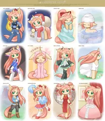 Size: 1734x2000 | Tagged: safe, artist:howxu, derpibooru import, oc, oc:ruby aura, unofficial characters only, pony, semi-anthro, unicorn, animal costume, bipedal, cat costume, cheerleader, cheerleader outfit, cheongsam, christmas, clothes, compilation, cosplay, costume, crossover, cute, d.va, dress, female, hair bun, hat, hatsune miku, holiday, howxu is trying to murder us, judy hopps, mare, not fluttershy, ocbetes, overwatch, police, police officer, police uniform, pom pom, princess zelda, santa costume, santa hat, solo, the legend of zelda, the legend of zelda: breath of the wild, towel, victorian, video game crossover, vocaloid, wardrobe meme, water, zootopia
