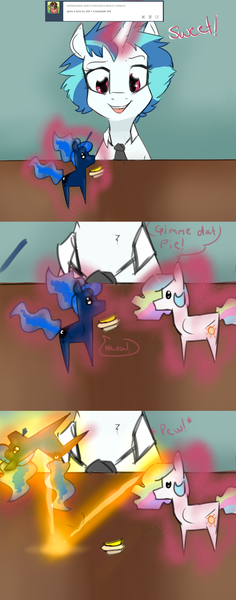 Size: 1280x3248 | Tagged: safe, artist:rflzqt, derpibooru import, princess celestia, princess luna, vinyl scratch, pony, unicorn, ask, bananalestia, dialogue, doll, female, glowing horn, magic, mare, necktie, smiling, telekinesis, toy, tumblr, vinyl and octavia in romance