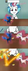 Size: 1280x3248 | Tagged: safe, artist:rflzqt, derpibooru import, princess celestia, princess luna, vinyl scratch, pony, unicorn, ask, bananalestia, dialogue, doll, female, glowing horn, magic, mare, necktie, smiling, telekinesis, toy, tumblr, vinyl and octavia in romance