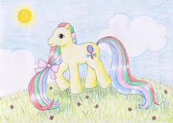 Size: 1024x723 | Tagged: artist:normaleeinsane, bow, cloud, derpibooru import, flower, g1, grass, pretty vision (g1), safe, solo, sun, traditional art