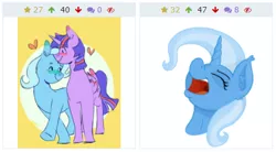 Size: 437x242 | Tagged: safe, artist:paskanaakka, artist:yerrgat, derpibooru import, trixie, twilight sparkle, twilight sparkle (alicorn), alicorn, derpibooru, female, juxtaposition, laughing, lesbian, meme, meta, open mouth, reaction, shipping, twixie