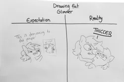 Size: 2161x1440 | Tagged: safe, artist:tjpones, derpibooru import, starlight glimmer, oc, oc:tjpones, earth pony, pony, unicorn, burger, bust, dialogue, drawing, expectation vs reality, extra thicc, fat, female, food, glasses, grayscale, hoof hold, lineart, male, mare, monochrome, stallion, thick, traditional art, wide eyes