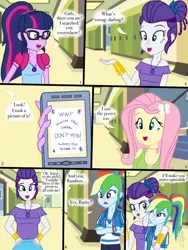 Size: 768x1024 | Tagged: safe, artist:ilaria122, derpibooru import, fluttershy, rainbow dash, rarity, sci-twi, twilight sparkle, comic:a mysterious rival, equestria girls, clothes, geode of fauna, geode of shielding, geode of super speed, geode of telekinesis, lockers, magical geodes, phone