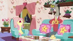 Size: 1280x720 | Tagged: safe, derpibooru import, screencap, discord, fluttershy, pony, discordant harmony, clothes, cup, fading, food, glasses, milk toast, pants, sandwich, sweater, tea set, teacup, teapot, transparent, yelling