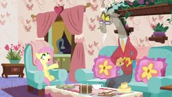 Size: 1280x720 | Tagged: safe, derpibooru import, screencap, discord, fluttershy, pony, discordant harmony, clothes, cup, fading, food, glasses, milk toast, pants, sandwich, sweater, tea set, teacup, teapot, transparent