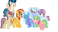 Size: 2424x1352 | Tagged: safe, artist:kokonaharuka45, derpibooru import, indigo zap, lemon zest, sour sweet, sugarcoat, sunny flare, sunset shimmer, trixie, ponified, alicorn, earth pony, pegasus, pony, unicorn, alicornified, alternate mane six, alternate universe, clothes, equestria girls ponified, missing accessory, race swap, shadow five, shimmercorn, simple background, white background