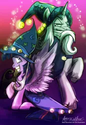 Size: 1024x1489 | Tagged: safe, artist:mad--munchkin, derpibooru import, star swirl the bearded, twilight sparkle, twilight sparkle (alicorn), alicorn, unicorn, shadow play, beard, clothes, costume, facial hair, fangirl, female, hat, male, mare, stallion, watermark, wizard, wizard hat