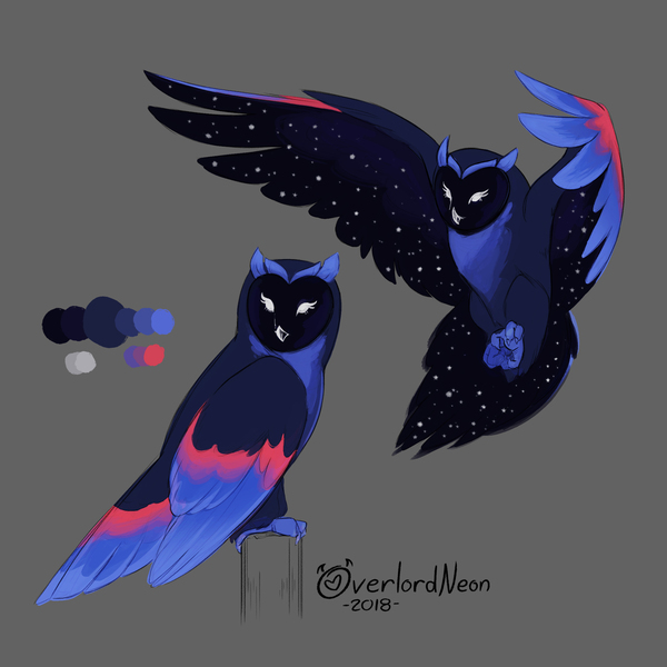 Size: 2400x2400 | Tagged: artist:overlordneon, bird, derpibooru import, gray background, nebula owl, original species, owl, owlowiscious, redesign, safe, simple background, solo, stars