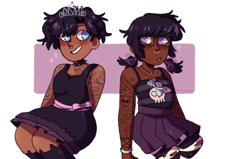 Size: 2100x1451 | Tagged: alternate hairstyle, alternate universe, artist:mochietti, blushing, bracelet, choker, clothes, dark skin, derpibooru import, diamond tiara, dress, duo, ear piercing, earring, eyebrow piercing, female, glasses, goth, hair dye, human, humanized, jewelry, lip piercing, necklace, nose piercing, older, pantyhose, piercing, pigtails, pleated skirt, ripped pantyhose, safe, silver spoon, simple background, skirt, socks, spiked choker, stockings, striped pantyhose, striped socks, tanktop, tattoo, thigh highs, torn clothes, transparent background