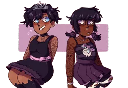 Size: 2100x1451 | Tagged: alternate hairstyle, alternate universe, artist:mochietti, blushing, bracelet, choker, clothes, dark skin, derpibooru import, diamond tiara, dress, duo, ear piercing, earring, eyebrow piercing, female, glasses, goth, hair dye, human, humanized, jewelry, lip piercing, necklace, nose piercing, older, pantyhose, piercing, pigtails, pleated skirt, ripped pantyhose, safe, silver spoon, simple background, skirt, socks, spiked choker, stockings, striped pantyhose, striped socks, tanktop, tattoo, thigh highs, torn clothes, transparent background