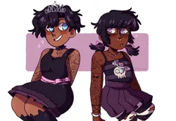 Size: 2100x1451 | Tagged: alternate hairstyle, alternate universe, alternate version, artist:mochietti, blushing, bracelet, choker, clothes, dark skin, derpibooru import, diamond tiara, dress, duo, ear piercing, earring, eyebrow piercing, female, glasses, goth, hair dye, human, humanized, jewelry, lip piercing, necklace, nose piercing, older, pantyhose, piercing, pigtails, pleated skirt, ripped pantyhose, safe, silver spoon, simple background, skirt, socks, spiked choker, stockings, striped pantyhose, striped socks, tanktop, tattoo, thigh highs, torn clothes, white background
