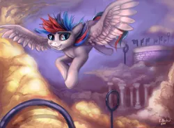 Size: 700x516 | Tagged: safe, artist:trojan-pony, derpibooru import, oc, unofficial characters only, pegasus, pony, cloud, flying, hoop, multicolored hair, smiling, solo