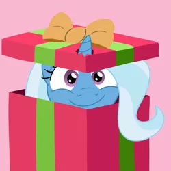Size: 1280x1280 | Tagged: safe, artist:solarfm, derpibooru import, trixie, pony, unicorn, box, cute, diatrixes, female, looking at you, mare, pony in a box, present, smiling, solo