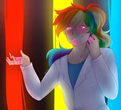 Size: 2049x1865 | Tagged: artist:timesis, clothes, derpibooru import, fanfic:rainbow factory, female, human, humanized, lab coat, looking at you, rainbow dash, rainbow factory dash, safe, solo