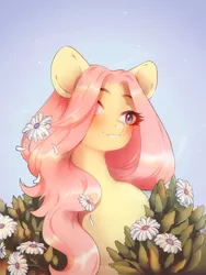 Size: 1628x2160 | Tagged: safe, artist:dagmell, derpibooru import, fluttershy, pegasus, pony, beautiful, blue background, blue eyes, bust, chromatic aberration, cute, female, flower, flower in hair, mare, pink hair, shyabetes, simple background, smiling, solo