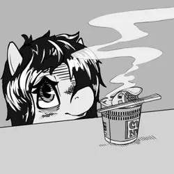 Size: 500x500 | Tagged: safe, artist:keeponhatin, derpibooru import, oc, oc:floor bored, unofficial characters only, earth pony, pony, bags under eyes, chopsticks, female, food, gray background, grayscale, instant noodles, mare, monochrome, noodles, ramen, simple background, solo, steam