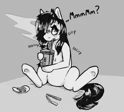 Size: 500x450 | Tagged: safe, artist:keeponhatin, derpibooru import, oc, oc:floor bored, unofficial characters only, earth pony, pony, chopsticks, dialogue, eating, female, food, grayscale, hoof hold, instant noodles, mare, monochrome, noodles, onomatopoeia, ramen, sitting, solo, underhoof