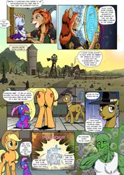 Size: 1363x1920 | Tagged: safe, artist:pencils, derpibooru import, applejack, catrina, fluttershy, igneous rock pie, limestone pie, princess celestia, oc, oc:anon, oc:arli, oc:ellus, alicorn, bushwoolie, earth pony, human, pegasus, pony, comic:anon's pie adventure, applebutt, applejack's hat, both cutie marks, clothes, comic, cowboy hat, crown, dialogue, dock, eyeshadow, female, g1, hat, horseshoes, jewelry, makeup, male, mare, nausea, nauseous, nudity, peytral, plot, regalia, rock farm, speech bubble, stallion, stetson, tanktop, teleportation, ye olde butcherede englishe