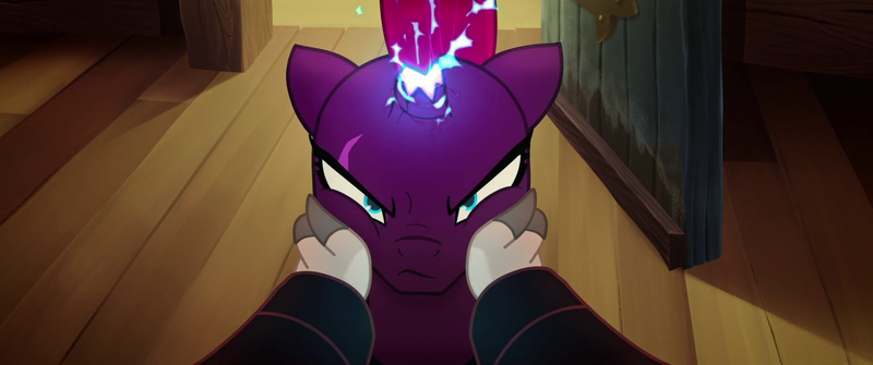 Size: 1920x804 | Tagged: safe, derpibooru import, screencap, tempest shadow, verko, pony, unicorn, my little pony: the movie, angry, annoyed, broken horn, cheekpest shadow, eye scar, female, glare, glowing horn, looking at you, magic, mare, nose wrinkle, now you fucked up, scar, sparking horn, squishy cheeks, this will end in pain