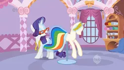 Size: 1680x945 | Tagged: safe, derpibooru import, screencap, rarity, pony, unicorn, suited for success, clothes, dress, ei, eyes closed, female, gala dress, glasses, hub logo, magic, mannequin, mare, measuring tape, ponyquin, solo, telekinesis