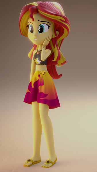 Size: 1080x1920 | Tagged: safe, artist:efk-san, derpibooru import, sunset shimmer, equestria girls, equestria girls series, forgotten friendship, 3d, belly button, bikini, bikini top, blender, clothes, feet, flip-flops, geode of empathy, sandals, sarong, skirt, solo, source filmmaker, summer sunset, swimsuit