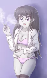 Size: 2125x3543 | Tagged: suggestive, artist:sumin6301, derpibooru import, octavia melody, equestria girls, beautiful, bra, breasts, busty octavia, cigarette, cleavage, clothes, coffee, cute, female, looking at you, open mouth, panties, pink underwear, shirt, smoking, solo, solo female, stockings, tavibetes, thigh highs, underwear