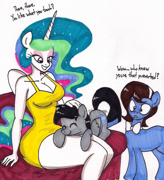 Size: 1313x1442 | Tagged: suggestive, artist:newyorkx3, derpibooru import, princess celestia, oc, oc:imshadow007, alicorn, anthro, earth pony, pegasus, pony, anthro with ponies, bowtie, breasts, busty princess celestia, canon x oc, cleavage, clothes, cutie mark, dialogue, dress, eyes closed, female, flowing mane, gift art, male, mare, misspelling, multicolored mane, multicolored tail, petting, praise the sun, purple eyes, sexy, sitting, smiling, sparkles, stallion, stupid sexy celestia, tail, traditional art, wings