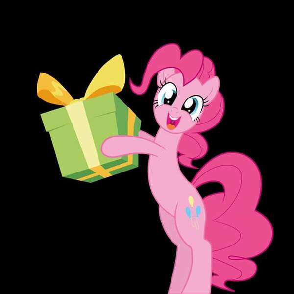 Size: 720x720 | Tagged: artist needed, safe, derpibooru import, pinkie pie, earth pony, pony, bipedal, black background, box, female, mare, present, simple background, solo