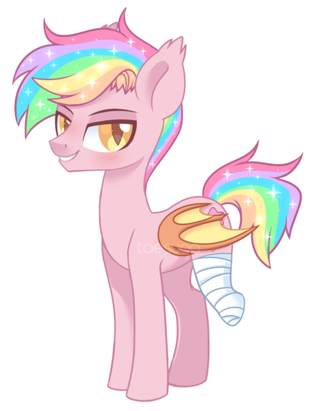 Size: 2087x2713 | Tagged: safe, artist:hawthornss, derpibooru import, oc, oc:origami, oc:paper stars, unofficial characters only, bat pony, amputee, bandage, bedroom eyes, cute, cute little fangs, ear fluff, fangs, lightly watermarked, looking at you, missing limb, rainbow hair, rule 63, simple background, transparent background, watermark