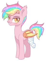 Size: 2087x2713 | Tagged: safe, artist:hawthornss, derpibooru import, oc, oc:origami, oc:paper stars, unofficial characters only, bat pony, amputee, bandage, bedroom eyes, cute, cute little fangs, ear fluff, fangs, lightly watermarked, looking at you, missing limb, rainbow hair, rule 63, simple background, transparent background, watermark
