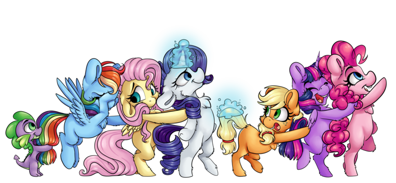 Size: 5357x2480 | Tagged: safe, artist:cutepencilcase, derpibooru import, applejack, fluttershy, pinkie pie, rainbow dash, rarity, spike, twilight sparkle, twilight sparkle (alicorn), alicorn, dragon, earth pony, pegasus, pony, unicorn, conga, female, horn, magic, mane seven, mane six, mare, simple background, telekinesis, transparent background, wings