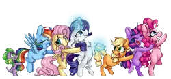 Size: 5357x2480 | Tagged: safe, artist:cutepencilcase, derpibooru import, applejack, fluttershy, pinkie pie, rainbow dash, rarity, spike, twilight sparkle, twilight sparkle (alicorn), alicorn, dragon, earth pony, pegasus, pony, unicorn, conga, female, horn, magic, mane seven, mane six, mare, simple background, telekinesis, transparent background, wings