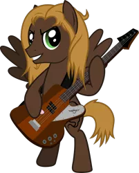 Size: 1319x1642 | Tagged: safe, artist:lightningbolt, derpibooru import, oc, oc:mellow rhythm, unofficial characters only, pegasus, pony, .svg available, bass guitar, bipedal, grin, guitar, guitar pick, guitar strap, hoof hold, long mane, looking at you, male, mane, messy mane, musical instrument, short tail, simple background, smiling, solo, spread wings, stallion, svg, transparent background, vector, wings