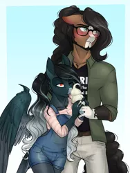 Size: 2947x3921 | Tagged: safe, artist:askbubblelee, derpibooru import, oc, oc:pandie, oc:walter nutt, unofficial characters only, anthro, earth pony, pegasus, anthro oc, blushing, clothes, death by coffee, female, food, glasses, ice cream, male, mare, oc x oc, overalls, pants, pigtails, red eyes, shipping, shirt, size difference, slit eyes, smiling, stallion, straight, twintails