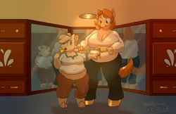 Size: 900x582 | Tagged: suggestive, artist:goat train, deleted from derpibooru, derpibooru import, oc, unofficial characters only, anthro, goat, unguligrade anthro, breasts, chubby, cleavage, clothes, cookie, fat, female, food, mare, midriff, mirror, pants, peanut brittle, reflection, tongue out