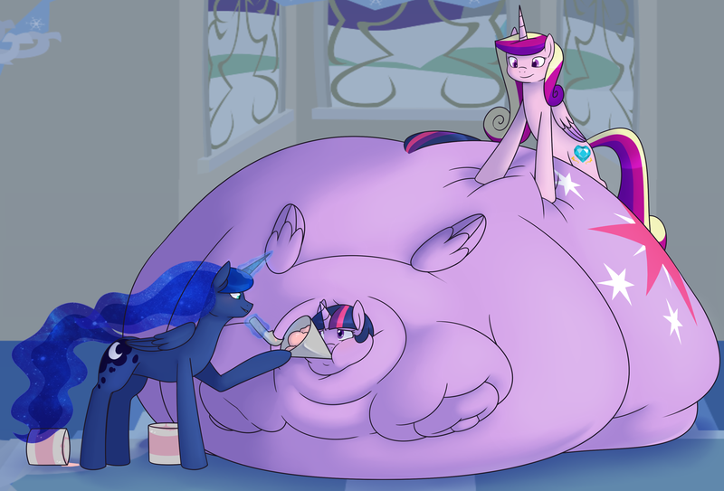 Size: 3476x2359 | Tagged: questionable, alternate version, artist:redintravenous, derpibooru import, princess cadance, princess luna, twilight sparkle, twilight sparkle (alicorn), alicorn, pony, ass, belly, bingo wings, blob, blushing, chubby cheeks, double chin, fat, fat fetish, fat princess, feeding, female, fetish, food, force feeding, funnel, glowing horn, grope, huge butt, ice cream, immobile, impossibly large belly, impossibly large butt, impossibly wide hips, large butt, magic, mare, morbidly obese, neck roll, obese, rolls of fat, squishy, stretched cutie mark, stuffing, telekinesis, twibutt, twilard sparkle, wide hips