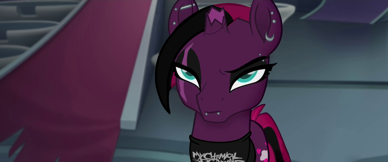 Size: 1920x802 | Tagged: safe, artist:/d/non, derpibooru import, edit, editor:/d/non, screencap, tempest shadow, pony, unicorn, my little pony: the movie, broken horn, cutie mark, ear piercing, edgehorse, emo, eye scar, eyeshadow, female, industrial bar, lidded eyes, lip piercing, makeup, mare, my chemical romance, piercing, scar