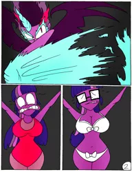 Size: 1696x2208 | Tagged: suggestive, artist:robot001, derpibooru import, sci-twi, twilight sparkle, comic:sparkle multiverse, equestria girls, bra, breasts, busty twilight sparkle, clothes, comic, midnight sparkle, underwear