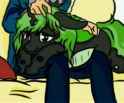 Size: 10000x8371 | Tagged: absurd resolution, anonymous, artist:aphphphphp, artist:obnoxiousbugfag, changeling, changeling oc, changeling queen, changeling queen oc, colored, cuddling, derpibooru import, edit, female, green changeling, oc, oc:anon, oc:verita white, safe, simple background, snug, snuggling, trace, unofficial characters only