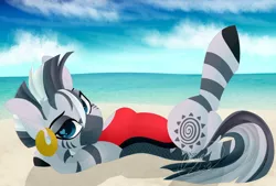 Size: 1024x692 | Tagged: suggestive, artist:jacobdawz, derpibooru import, zecora, anthro, unguligrade anthro, zebra, arm hooves, armpits, beach, breasts, chestbreasts, clothes, female, looking at you, misplaced boobs, one-piece swimsuit, solo, solo female, stupid sexy zecora, swimsuit, water, wingding eyes