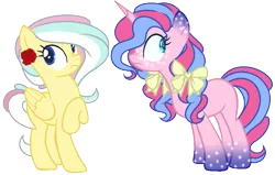 Size: 993x632 | Tagged: safe, artist:angelamusic13, derpibooru import, oc, unofficial characters only, pegasus, pony, unicorn, base used, bow, female, flower, flower in hair, hair bow, magical lesbian spawn, mare, offspring, parent:double diamond, parent:fluttershy, parent:pinkie pie, parent:princess luna, parents:doubleshy, parents:lunapie, scrunchy face, simple background, transparent background