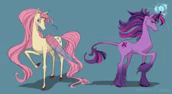 Size: 3278x1800 | Tagged: safe, artist:maaronn, derpibooru import, fluttershy, twilight sparkle, classical unicorn, horse, pegasus, pony, unicorn, cloven hooves, colored wings, duo, female, leonine tail, mare, unshorn fetlocks