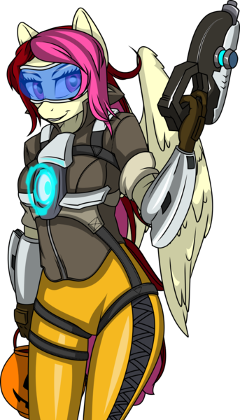 Size: 840x1471 | Tagged: anthro, artist:up1ter, clothes, cosplay, costume, derpibooru import, female, mare, oc, oc:lightning dashes, overwatch, pegasus, safe, simple background, solo, tracer, transparent background, unofficial characters only, ych result