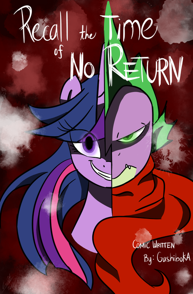 Size: 800x1214 | Tagged: safe, artist:emositecc, derpibooru import, spike, twilight sparkle, twilight sparkle (alicorn), alicorn, dragon, pony, comic:recall the time of no return, cover art, evil grin, female, grin, mare, older, older spike, smiling, two sides